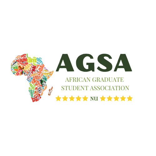 A colorful graphic of Africa, with a rainbow of colors representing the name of each different country/region. The words "AGSA: African Graduate Student Association – NU" appear next to the continent. A row of yellow stars sits at the bottom of the graphic.