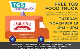 Flyer promoting the free TGS food truck, featuring colorful graphics and details about the event location and time.