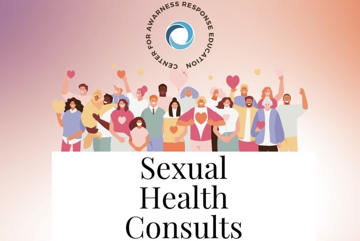 Text "Sexual Health Consults" with cartoon people wearing harts above it