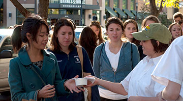 Students in line for a free custard sample from Andy's Frozen Custard