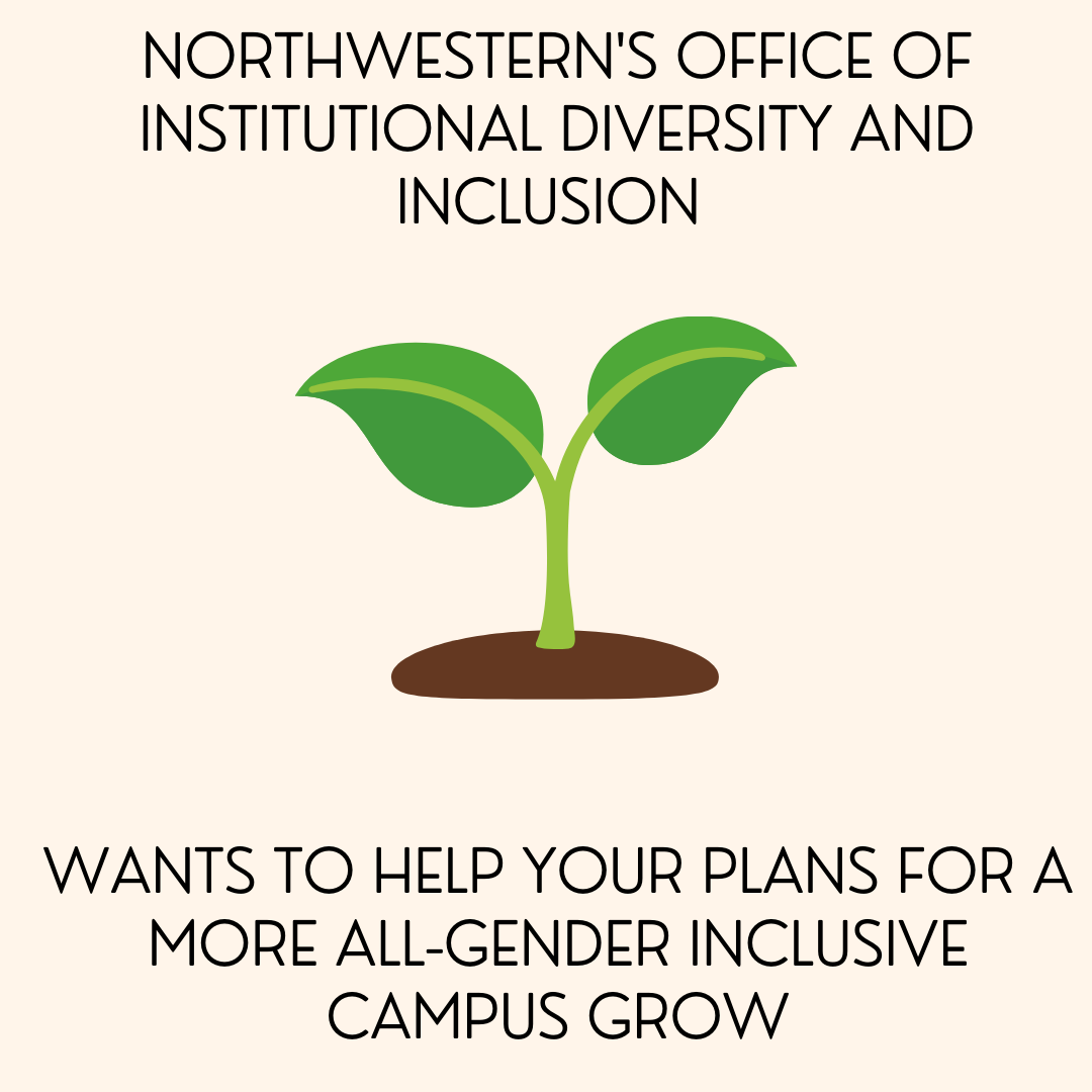 a small green sprout on a beige background. The text read, Northwestern's Office of Diversity and Inclusion wants to help your plan for a more all-gender inclusive campus grow. 